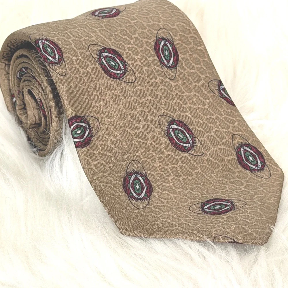 Giorgio Armani Silk Tie Tan Geometric Medallion Honeycomb Made in Italy 3.75